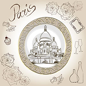 The Basilica of the Sacred Heart of Paris, France. Picture of Basilique du SacrÃÂ©-CÃâur. Scrapbooking hand drawing kit.