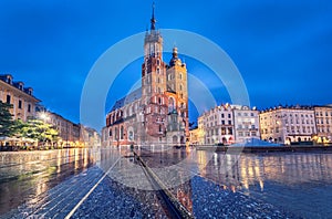 Basilica of Saint Mary at dusk in Krakow, Poland