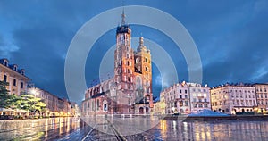 Basilica of Saint Mary at dusk in Krakow, Poland