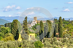 Basilica of San Miniato al Monte in Italian rural landscape