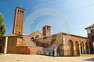 Basilica of Sant`Ambrogio church brick building, Milan, Italy photo