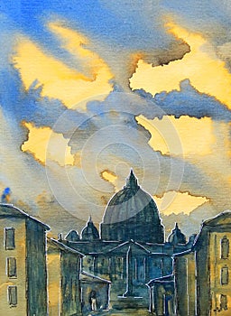 Basilica Sant Pietro, painted by watercolor