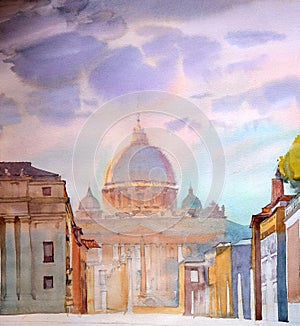 Basilica Sant Pietro, painted by watercolor