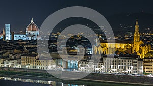 Basilica Santa Croce and Santa Maria del Fiore in Florence at night timelapse - viewed from Piazzale Michelangelo