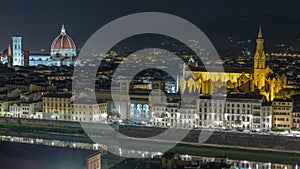 Basilica Santa Croce and Santa Maria del Fiore in Florence at night timelapse - viewed from Piazzale Michelangelo