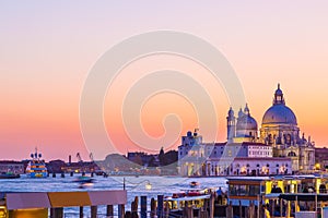 Basilica Santa Maria della Salute in Venice, Italy during beautiful summer day sunset. Famous venetian landmark