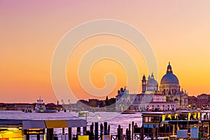 Basilica Santa Maria della Salute in Venice, Italy during beautiful summer day sunset. Famous venetian landmark