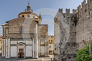 Basilica of Santa Maria delle Carceri and the walls of the emperor`s castle, Prato, Italy