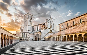 Basilica of St. Francis of Assisi at sunset, Assisi, Umbria, Italy