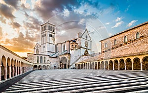 Basilica of St. Francis of Assisi at sunset, Assisi, Umbria, Italy