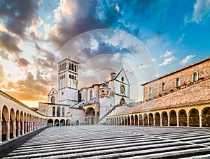 Basilica of St. Francis of Assisi at sunset, Assisi, Umbria, Italy