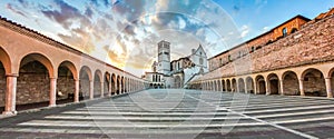 Basilica of St. Francis of Assisi at sunset, Assisi, Umbria, Italy