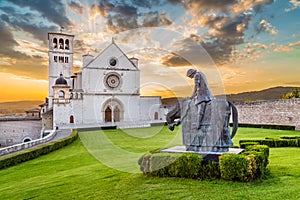 Basilica of St. Francis of Assisi at sunset, Umbria, Italy photo