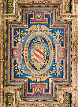 Pope Pius V coat of arms in the ceiling of the Basilica of Santa Maria in Ara Coeli, in Rome, Italy.