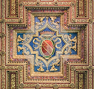SPQR shield in the ceiling of the Basilica of Santa Maria in Ara Coeli, in Rome, Italy.