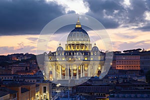 The Basilica of St. Peter at sunset, with the new led lighting.