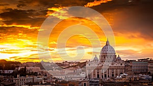 Basilica of St. Peter at sunset with the Vatican in the background in Rome, Italy