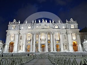 Facade of St. Peter`s Basilica at Vatican City night view