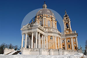 Basilica of Superga with snow and sun