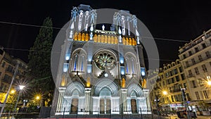 Basilique Notre-Dame de l Assomption at night located on Avenue Jean Medecin timelapse hyperlapse in Nice, France.