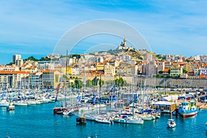 Basilique Notre-Dame de la Garde overlooking port vieux in Marseille, France