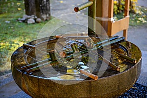 The basin is made of stone and dippers are made of bamboo