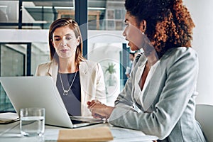 These are the basis of our plans...two corporate businesswomen working together on a laptop in an office.