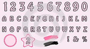 Cute  polka dots 3D english alphabet letters and number set. Vector LOL girly doll surprise style. Happy birthday banner text with