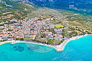 Baska Voda beach and waterfront aerial view