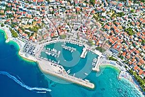 Baska Voda beach and waterfront aerial view