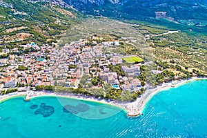 Baska Voda beach and waterfront aerial view photo