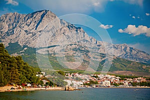 Baska Voda resort with big mountains in the background