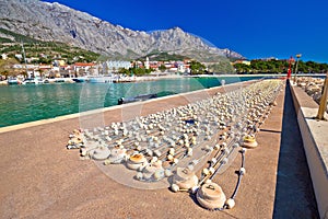 Baska Voda waterfront breakwater and fishing nets view