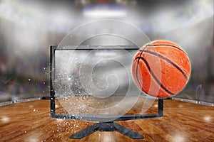 Baskeball Flying Out of TV Screen in Arena