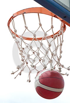 Baskeball going through basket ring ant net. a successful clear point in low angle view