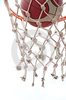 Baskeball going through basket ring ant net. a successful clear point in low angle view