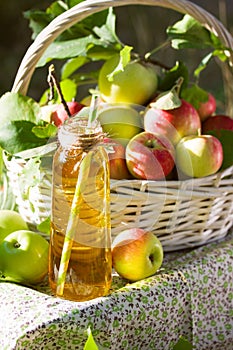 Basket with apples cider juice or vinegar in glass bottle