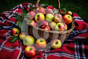 basket of apples with leaves on a picnic blanket