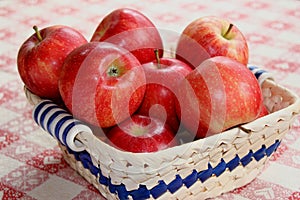 Basket of apples on red & white cloth photo