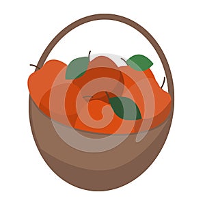 Basket with apples, vector illustration simple flat design, brown basket with red apple and leaf