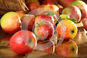 Basket of apples on a wet table