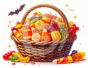 Basket Of Assorted Candy Corn Gummy Candy On White