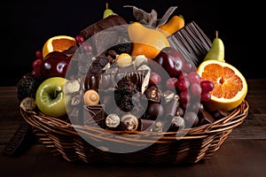 basket of assorted fruits and nuts covered in decadent chocolate