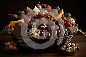 basket of assorted fruits and nuts covered in decadent chocolate