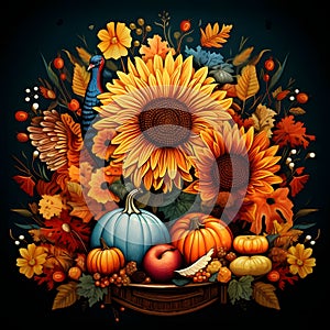 Basket of autumn flowers and a harvest of sizable on a black isolated background. Pumpkin as a dish of thanksgiving for the