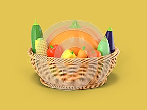 A basket with an autumn harvest of vegetables on a yellow colored background. Pumpkin, corn, zucchini, eggplant, tomato, pepper in