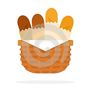 Basket with baguettes vector flat material design isolated object on white background.