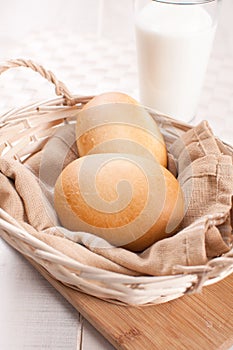 Basket with baked buns and milk