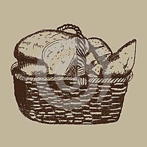 Basket bakery hand drawn retro style