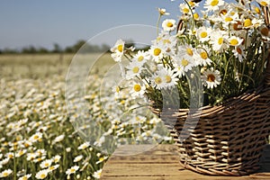 Basket with beautiful chamomiles on table in field, closeup